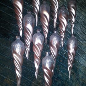 Christmas 12 handblown frosted pink icicles / teardrop Christmas ornaments